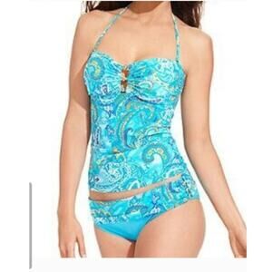Lauren ralph lauren tropical beach club tankini bikini set paisley blue 10 large